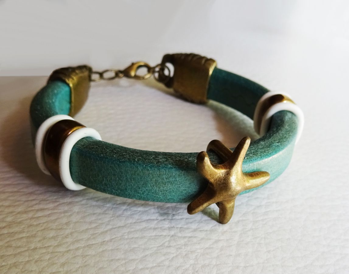 Pulseira de couro Regaliz turquesa Estrela do mar