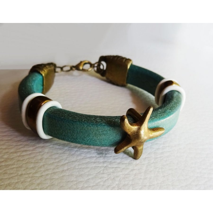 Pulseira de couro Regaliz turquesa Estrela do mar