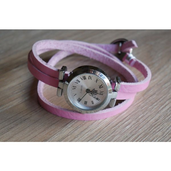 Pulseira de couro rosa tripla volta