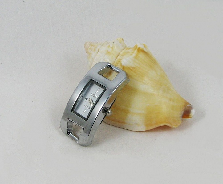 Rosto de rel&oacute;gio rectangular prateado, estilo moderno