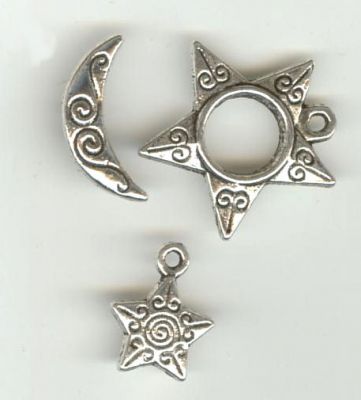 Silver T-clasp Moon e estrelas