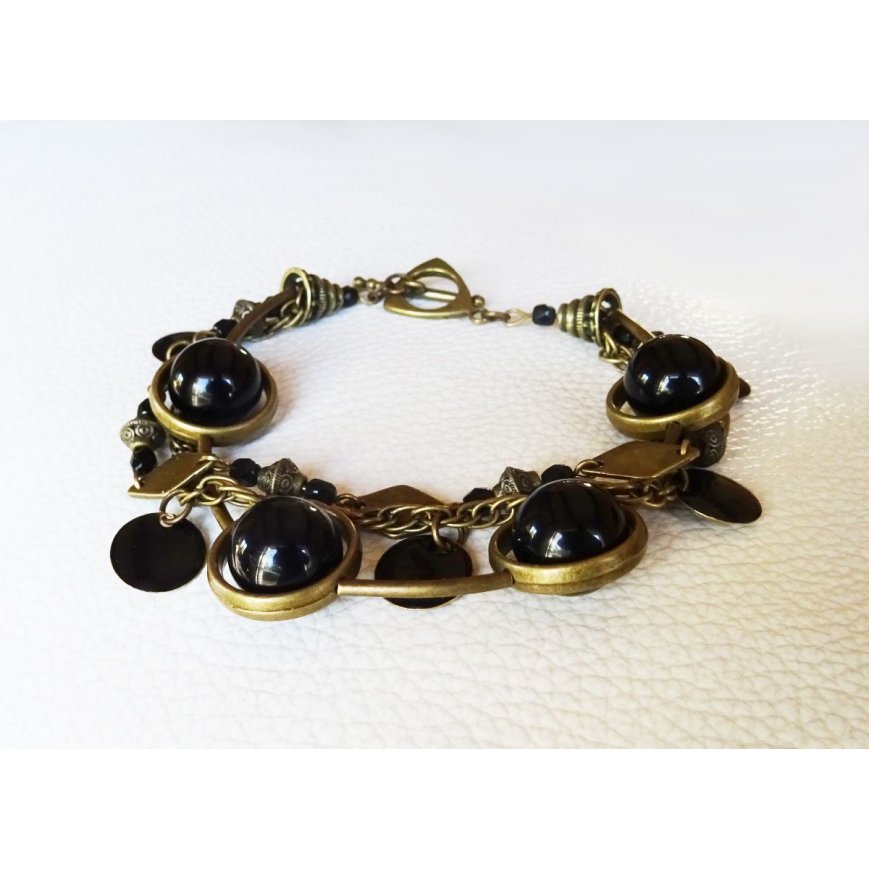 Kit pulseira de 3 filas Preto e bronze