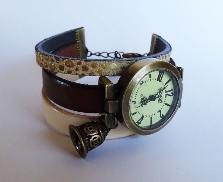 Montre manchette cuir marron/beige Cloche