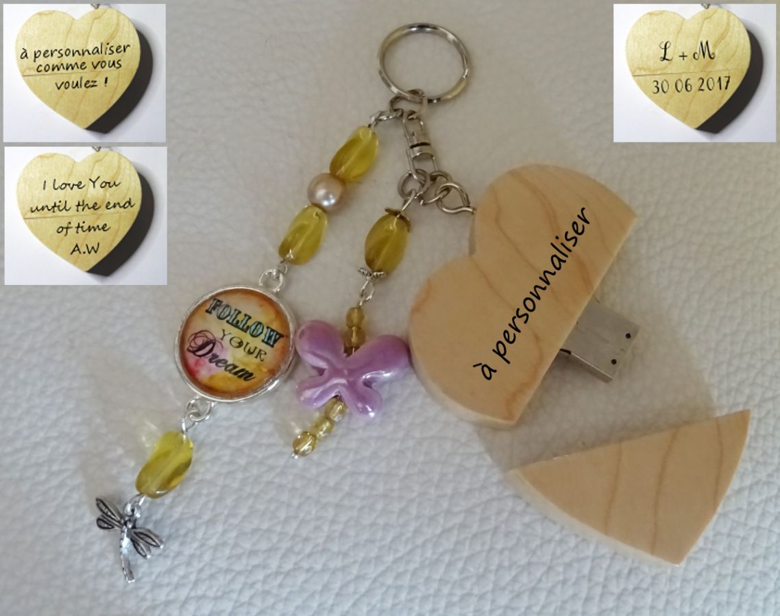 Chaveiro Chaveiro coração usb chave para gravar Cabochon &amp; borboleta