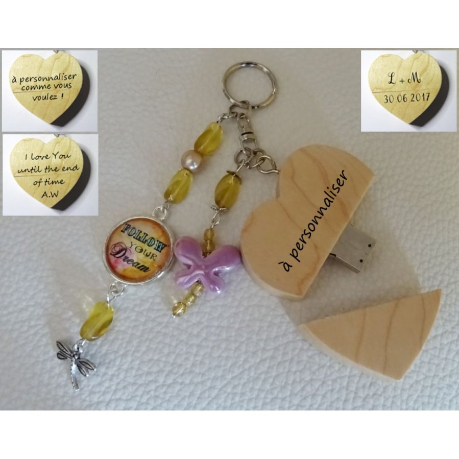 Chaveiro Chaveiro coração usb chave para gravar Cabochon &amp; borboleta