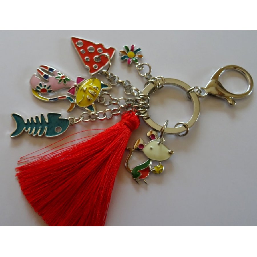 Porta-chaves pingentes de gato e rato com pompom vermelho